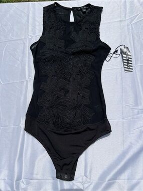 Haute Monde Mesh Black Lace Trim Sleeveless Bodysuit